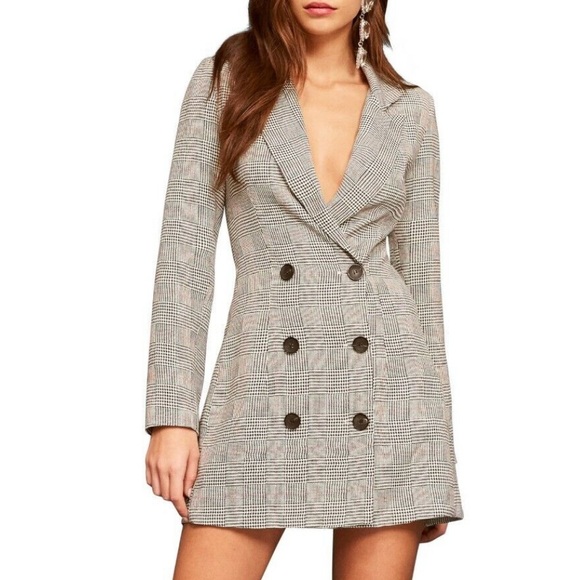 Reformation Plaid Houndstooth Blazer Mini Dress Double Breasted